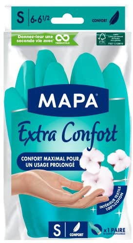 MAPA - Extra Confort - Gants de Ménage en Latex Doublure Textile 100% Coton - Confortables et Résistants pour un usage prolongé - 1 paire - Taille S