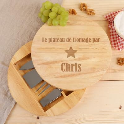 CADEAUX.COM - Set Fromage - Plateau Fromage Personnalisable en Bois + 4 Accessoires de Service - 24 cm - Idée Cadeau Personnalisé avec Prénom et Message - Fête des Grands-Pères - Cadeau Noel