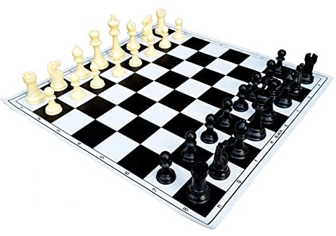 StonKraft 18.2 '' x 18.2 '' Turnier Schach Vinyl Rollup Schachspiel mit festen Plastikstücken (mit extra Damen) - Schwarz