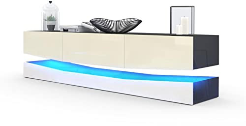 Vladon Lowboard City, Made in Germany, TV-Kommode mit Sockelelement, 1 offenem Fach und 3 Schubkästen, Schwarz Hochglanz/Creme Hochglanz, inkl. LED-Beleuchtung (178 x variabel x 39 cm)