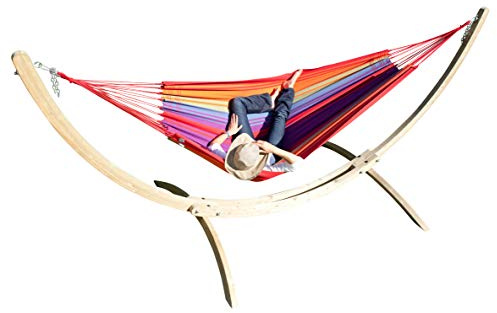MacaMex Hängemattenset Siesta Grande Holzständer XL mit bunter Brasilianischer Hängematte Brasil Comfort Verano Baumwolle