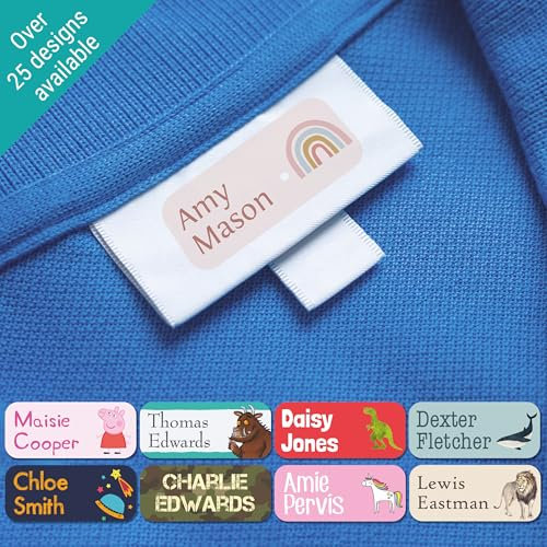 50 Name Labels for Kids No Iron Name Tags for Clothes Name Stickers for Water Bottles, School Uniform, School, Nursery, Care Homes, Washable and Dishwasher Safe for Children (Dinos)