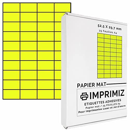 1000 selbstklebende Etiketten neongelb, 52,5 x 29,7 mm - 40 Etiketten/Blatt - 25 Blatt A4 / Papier matt - Farbe - Für Inkjet/Laser/Kopier Drucker - Etiketten farbig