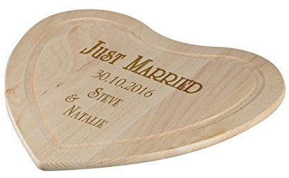 polar-effekt Schneidebrett Herz zur Hochzeit mit Gravur - Motiv Just Married - Personalisiert mit Namen und Datum - Küchenbrett 28 x 28 cm
