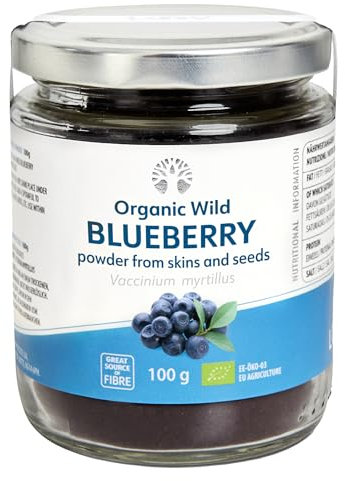 LOOV Polvere biologica di mirtilli selvatici (polvere di sansa), prodotta solo da buccia e semi di mirtilli selvatici cresciuti spontaneamente in foreste nordiche, non zuccherata, ricca di fibre, 100g