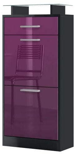 Vladon Schuhschrank Loret V2, Schuhkipper für 8 Paar Schuhe mit 2 Klappen, 1 Schublade und Glasablage, Schwarz matt/Brombeer Hochglanz (46 x 104 x 23 cm)