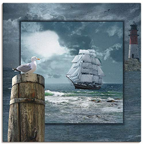 ARTLAND Wanddeko Leinwand Bilder Wandbild 70x70 cm Meer Küste Maritim Schiff Segelschiff Möwe Leuchtturm Sturm Wolken T6DA