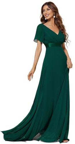 Ever-Pretty A-línea Vestito de Gala Cuello en V Manga Vestido De Navidad Mujer Corta Gasa Corte Imperio para Mujer Verde Oscuro 46