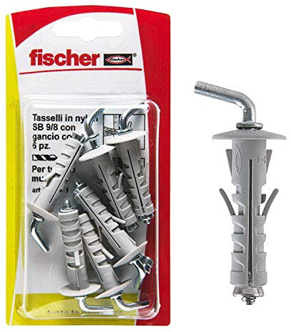 Fischer 6 Tasselli SB 9 con Gancio Corto, Universali per il Fissaggio di Lampade, Specchi, Mobili su Muro e Cemento, 504448