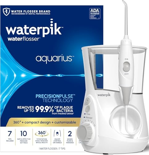 Waterpik Aquarius Water Flosser For Teeth Cleaning, Gums, Braces, Dental Care, Electric Power With 10 Settings, 7 Tips For Multiple Users And Needs, ADA Accepted, White WP-660, Packaging May Vary