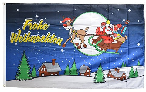 Flaggenfritze Fahne Weihnachten 90x150 cm mit 2 Metallösen, Flagge Frohe Weihnachten Rentier und Weihnachtsmann Blau, wetterbeständig, Polyester, doppelt genäht, Weihnachtsflagge Deko