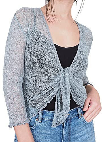 Mimosa Dambolero i virkat glitter eller i vanlig stretchspets, fisknät, baliknut i midjan, öppen cardigan, Grå, en storlek