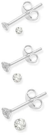 Set of 3 pairs of Sterling Silver Cubic Zirconia Round Stud Earrings - SIZES: 1 pair each of 2mm, 3mm & 4mm. GIFT BOXED 5768SET