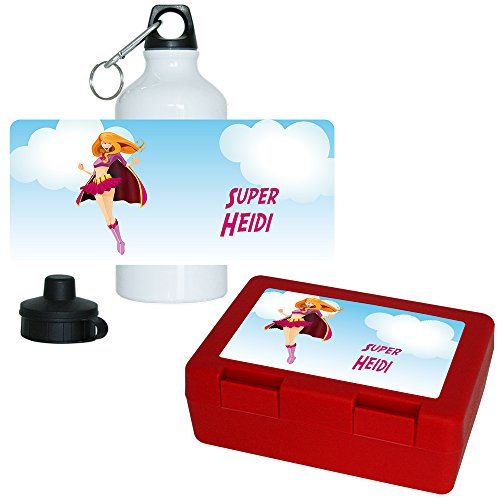 Eurofoto Brotdose + Trinkflasche Set mit Namen Heidi und schönem Superheldin-Motiv für Mädchen | Frühstücks-Set für Schule und Kindergarten | Aluminium-Trinkflasche | Lunchbox | Vesper-Box