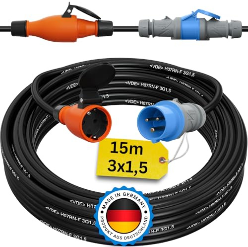 netbote24 CEE auf Schuko Adapter 15m Camping Stromkabel H07RN-F 3x1,5 Landstromkabel Wohnmobil Wohnwagen Kabel Camping Adapter 15 Meter Strom Verlängerungskabel CEE-Stecker Campingstecker