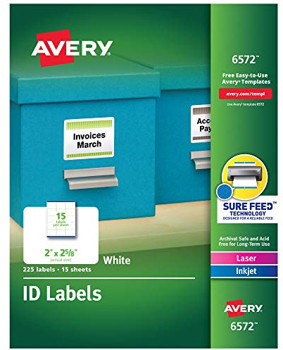 Avery ID Labels, Sure Feed Technology, Permanent Adhesive, 2 x 2-5/8, 225 Labels (6572)