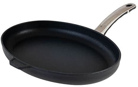 BAF Fischpfanne Induktion 38 x 28 cm - Flacher Rand - große ovale Bratpfanne beschichtet aus Aluminiumguss