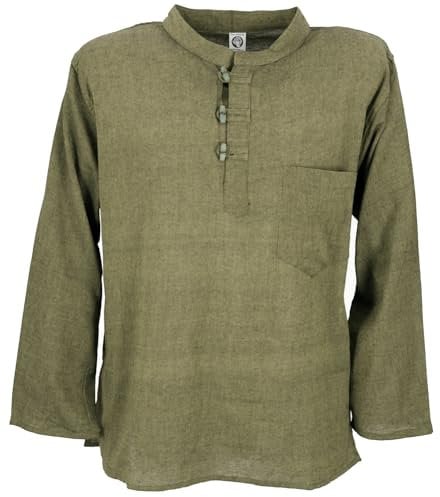 GURU SHOP Nepal Fischerhemd, Goa Hippie Hemd, Yogahemd, Freizeithemd - Moosgrün, Herren, Baumwolle, Size:L