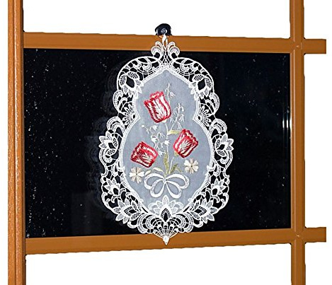 Plauener Spitze Fensterbild Weiß 26x35 cm Voile FRÜHLING Ostern Stickerei Tulpen Rot Spitzenbild + Saugnapf