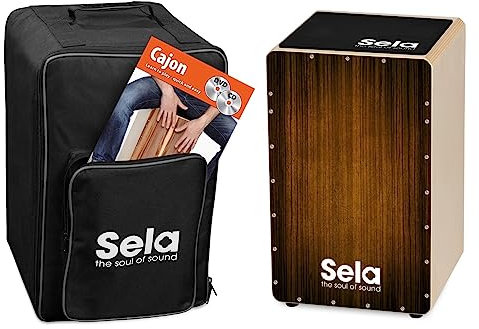 Sela SE 061 Varios Brown Snare Cajon Einsteiger Bundle mit Sela Snare System, aufgebaut, Rucksack, Sitzpad, Schule, CD, DVD