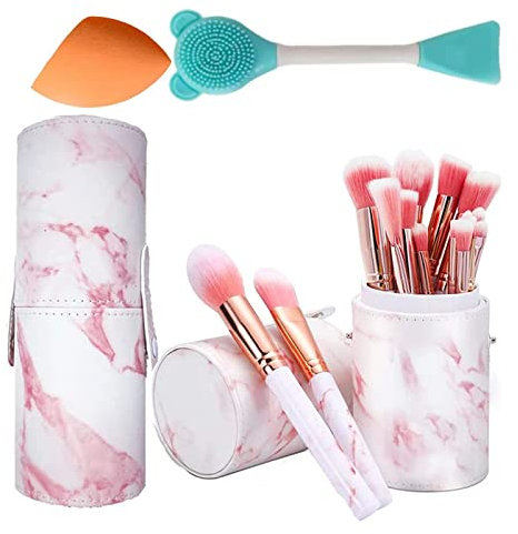 NEVSETPO Marble Pink Makeup Brushes, 17Pcs Make Up Brushes for Women Travel-Friendly Holder, Brushes & Sponges, Beauty Blenders, Synthetic Eyeshadow Contour Make-up Gift Set for Teenage Girls Kids