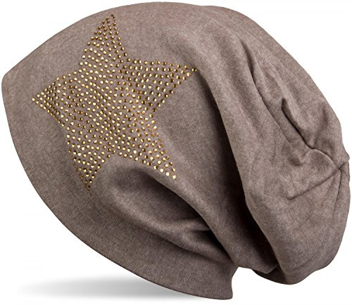 styleBREAKER Beanie Strass Stern Baumwollmix warm 59cm | Slouch Design. Glitzer Applikation. Bundweite 26cm. Höhe 26cm. elastisch. weiche Haptik. warme Qualität. Einheitsgröße.