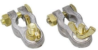 Battery screw terminals with wing nut.