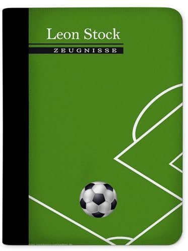 CreaDesign, Kinder Zeugnismappe personalisiert mit Namen, Zeugnis Mappe Fußball, DIN A4, 26,7 x 32,7 x 1 cm, Rücken schwarz