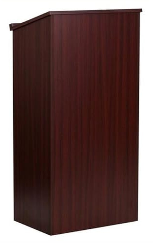 Bowery Hill Stand-Up Lectern, Mahogany Laminate, 45.75 H x 23 W x 15 D, Slanted Top with Pencil Slot, Adjustable Shelf, Concealed Storage, Leveling Glides, Ideal for Conference Room or Classroom