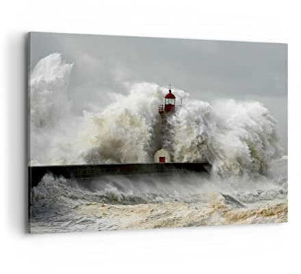 Wandbilder Dekoration Wohnzimmer Leuchtturm Ozean Sturm Bilder auf Leinwand 120x80cm Leinwandbild Schlafzimmer Küche Deko Wand Kunstdruck Art Groß XXL Wanddeko Bild Wall Decor Canvas AA120x80-2442