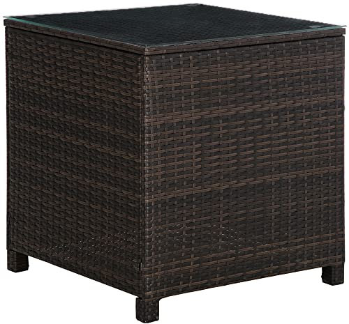 Outsunny Patio PE Rattan Side Table, Square Outdoor Coffee Table w/Tempered Glass Top, Mixed Brown