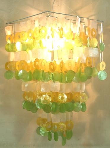 GURU SHOP Deckenlampe/Deckenleuchte, Muschelleuchte aus Hunderten Capiz, Perlmutt Plättchen - Modell Sixty Weiß-gelb-grün, 70x40x40 cm