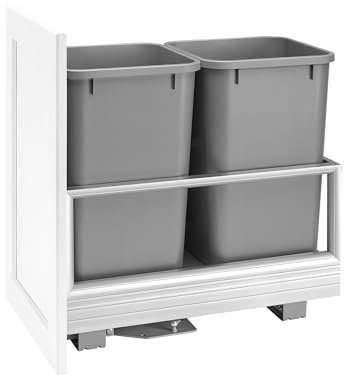 Rev-A-Shelf Double 27 Quart Pull Out Trash Can for Base Kitchen Cabinets, Storage Garage Bin on Wire Basket with Soft Close, Silver, 5149-1527DM-217