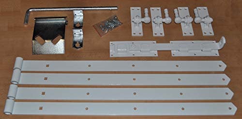 Zauntor-Beschlagsortiment mit einstellbaren Stützhaken, Ladenbändern & Überwurf, weiss