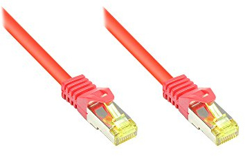 Good Connections RJ45 Ethernet LAN Patchkabel mit Cat. 7 Rohkabel und Rastnasenschutz RNS, S/FTP, PiMF, halogenfrei, 500MHz, OFC, 10-Gigabit-fähig (10/100/1000/10000-Base-T Ethernet Netzwerke) - z.B. für Patchpanel, Switch, Router, Modem - rot, 0,15 m
