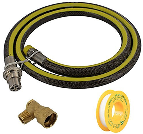 SPARES2GO Universal Oven Cooker Gas Supply Hose, PTFE Pipe Tape & Angled Connector (5ft 1/2 inch, Straight Bayonet, BS EN14800 CE)