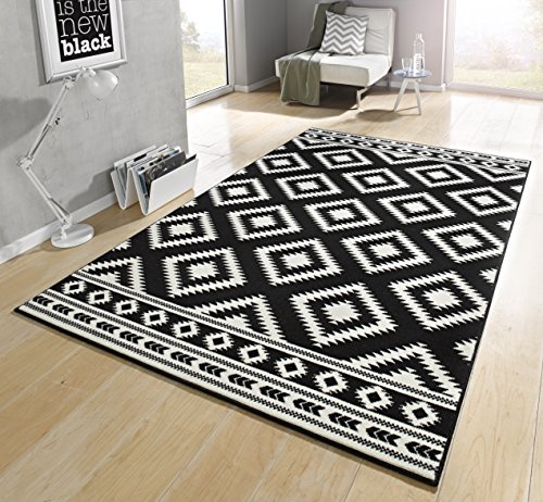 Hanse Home Teppich Ethno – Wohnzimmerteppich Kurzflor Raute Design Rautenmuster Moderne Optik für Esszimmer, Wohnzimmer, Kinderzimmer, Flur, Schlafzimmer, Küche – Schwarz Creme, 160x230cm