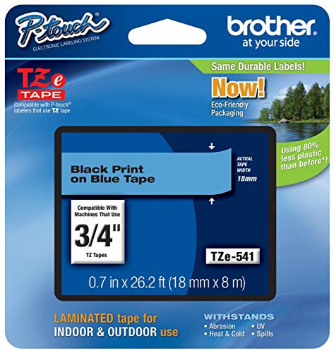 Brother TZe-541 P-touch Schriftband (18 mm, geeignet u.a. für Brother P-touch 1830VP, -D400/VP, -D450, -D600/VP, -P700, -2430, laminiert, 8 m lang) schwarz auf blau