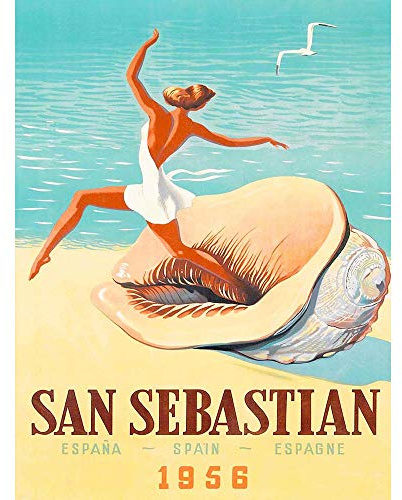 Wee Blue Coo Travel Tourism San Sebastian Spain Beach Conch Shell Gull Sea Sand Art Print Poster Wall Decor Kunstdruck Poster Wand-Dekor-12X16 Zoll