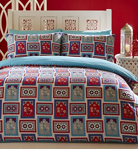 Jaipur King Size Bettbezug und 2 Kissenbezüge Bett Set Bettwäsche – Indischen Design – Blau, Rot Farben