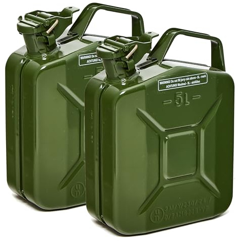 Oxid7® by BW Benzinkanister Metall 2x 5 Liter - Kraftstoffkanister Olivgrün RAL 6003 - TÜV-geprüft, UN-zertifiziert - 0,8mm Stahl DIN 7274 - Für Benzin, Diesel, E10, 2-Takt - Made in Europe