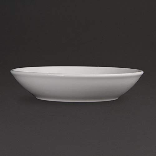 Olympia Whiteware Porcelain Deep Service Plates 200mm, White, Pack of 6 | Fully vitrified with a round shape and edge chip warranty protection, providing reliable strength for busy dinner service.