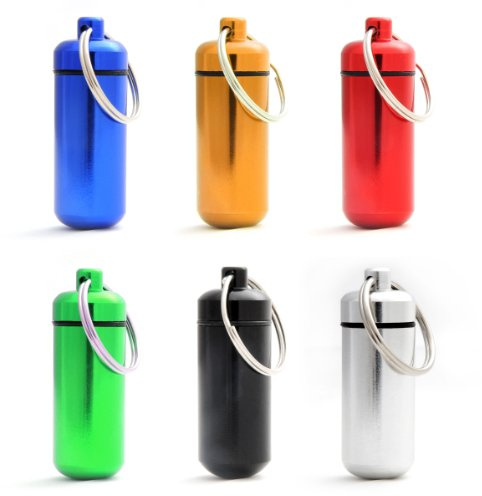 Ganzoo Pillendose als Mini-Kapsel Set 6 Stück, Farbmix Schwarz Silber Rot Blau Gelb Grün, wasserdichte Aluminiumkapseln mit Schraubverschluss, Gummidichtung, 45mm, Schlüsselanhänger