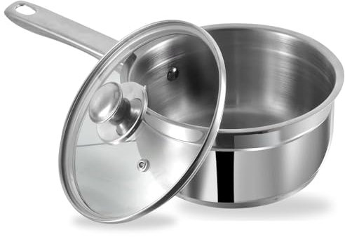 Vinod Stainless Steel Saucepan with Glass Lid – 2.3L (18 cm) | Two-Tone Polished Finish | Induction & Gas Stovetop Compatible | Steam Vent Tempered Glass Lid | Ideal for Boiling Milk, Making Soups