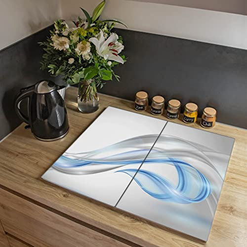 banjado® Herdabdeckplatte Glas 2-teilig 60x52 cm/Schneidebrett Herdabdeckung mit Motiv Blauer Schleier/Herdabdeckplatten Ceranfeld 2teilig / Schneidebrett Glas individuell einsetzbar
