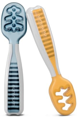 Cuillère Bébé 1er Âge en Silicone – Couverts d’Apprentissage Souples pour Nourrissons – Idéale pour Diversification Alimentaire et Autonomie (Bleu/Orange)