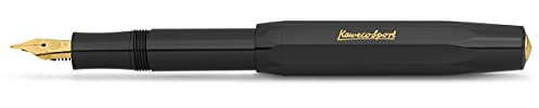 Kaweco CLASSIC SPORT Füllhalter Black mit vergoldeter Edelstahlfeder und Iridiumspitze für Tintenpatronen I Füllfederhalter 13 cm I Füller in Schwarz I Federbreite: F (Fein)