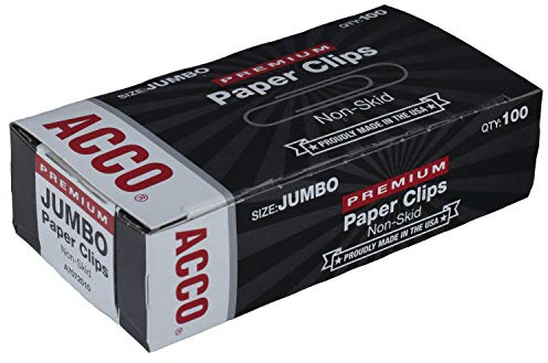 ACCO Jumbo Paper Clips, Non-Skid, Premium, Steel Wire, 20 Sheet Capacity, Silver, 1 Box of 100 Clips (A7072510)