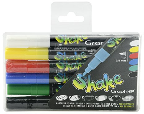 GRAPH'IT - Shake Set de 6 Marqueurs à Encre Acrylique Opaque - Dessin et Manga - Pointe Fine - Résistante à l’Eau et UV - Professionnel et Débutant - Tous Supports - Couleurs Basiques