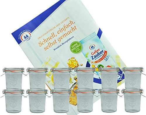 MamboCat 12er Set Weckgläser 140 ml Sturzglas mit Deckel Einkochring Klammern I Original Weck Sturzgläser I Einweckgläser für Kuchen Gelees UVM I inkl. Diamant-Zucker Gelierzauber Rezeptheft